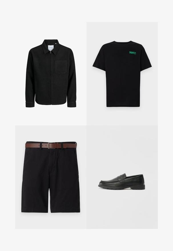 Fekete, zipzáros dzseki gallérral és egyetlen mellzsebbel, fehér háttéren.; Fekete, pamutból készült póló rövid ujjakkal. Elöl zöld "ROOTS" logóval, kerek nyakkivágással és normál szabással.; Fekete pamut rövidnadrág barna bőrbelsővel. A dizájn frontzsebeket és egyenes szabást tartalmaz, bevarrt szegényekkel.; Fekete bőr mokaszinok sima felülettel, a mokaszin stílusú felsőrésszel, varrott részletezéssel és gumitalppal. Klasszikus dizájn alacsony sarokkal.