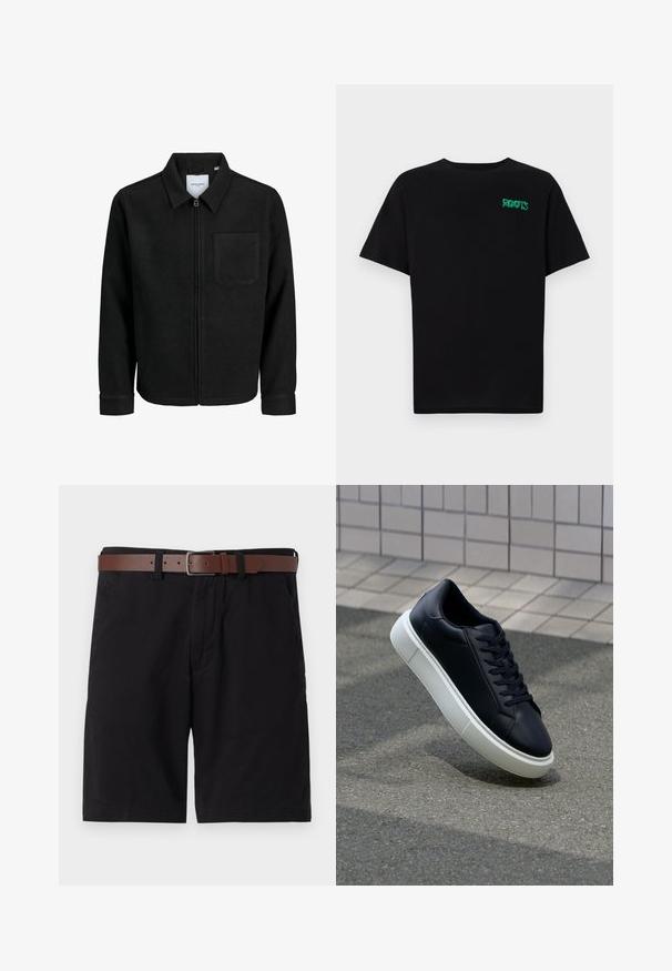 Čierna zipsová bunda s golierom a jednou náprsníkou, vystavená na bielom pozadí.; Čierne tričko s krátkymi rukávmi vyrobené z bavlny. Na prednej strane má zelené logo "ROOTS", okrúhly výstrih a štandardný strih.; Čierne bavlnené šortky s hnedým koženým opaskom. Dizajn obsahuje predné vrecká a rovný strih s dokončenými lemami.; Čierne kožené tenisky s okrúhlou špičkou a bielou gumovou podrážkou. Majú ploché šnúrky a minimálne šitie na vrchu. Textúrovaná podrážka pre lepšiu priľnavosť.