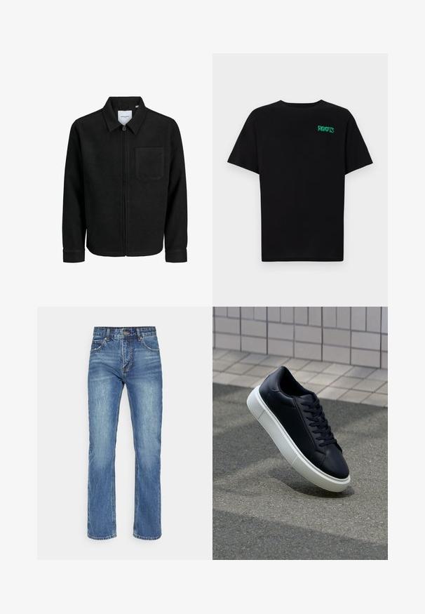 Mustaga lukuga jakker, millel on krae ja üks rinna-tasku, esitatud valgel taustal.; Must t-särk, mis on valmistatud puuvillast, lühikeste varrukatega. Esipaneelil on roheline "ROOTS" logo, ümmargune kaelus ja tavapärane lõige.; Sinine denimist teksapüksid otse sääre disainiga, millel on lukuga põhja, nupuga sulgemine ja viis taskut, näidates kulunud pesu.; Mustast nahast tennisetoss, millel on ümar nina ja valge kummist tall. Omab siredaid paelu ja minimaalset õmblemist ülemises osas. Tekstuuriga tald, mis tagab haakuvuse.