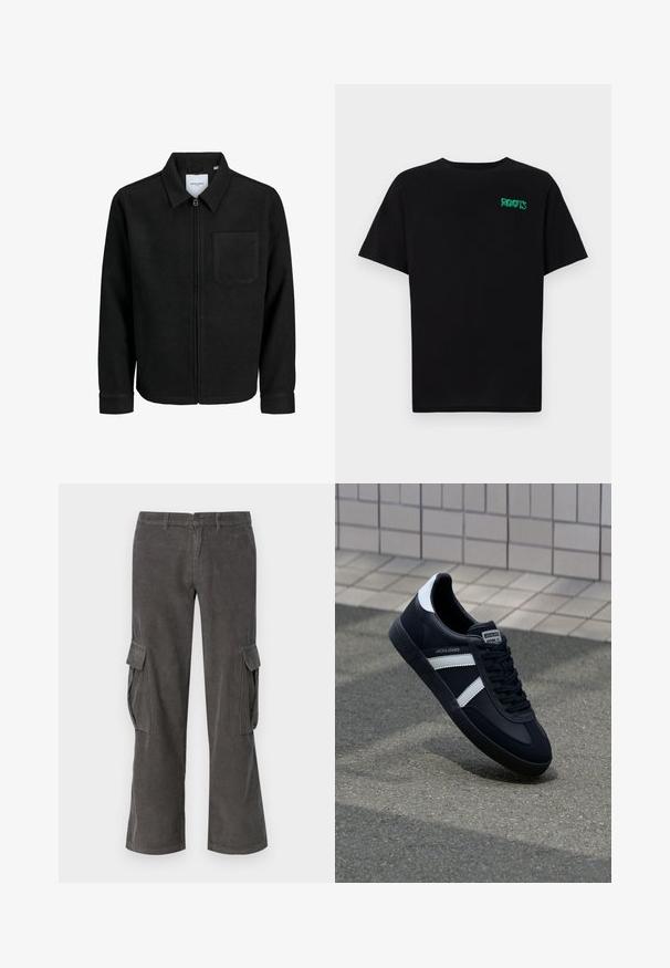 Mustaga lukuga jakker, millel on krae ja üks rinna-tasku, esitatud valgel taustal.; Must t-särk, mis on valmistatud puuvillast, lühikeste varrukatega. Esipaneelil on roheline "ROOTS" logo, ümmargune kaelus ja tavapärane lõige.; Hallhalli plisseepüksid halli värviga, millel on sirge jalg, küljetaskud ja peene laineline tekstuur. Vöökoht on varustatud nööbi ja lukuga.; Must have musta sneaker musta valgete triipudega, tekstuurne kummitald ja nööridega esiosa. Omab bränditud märki keele peal.