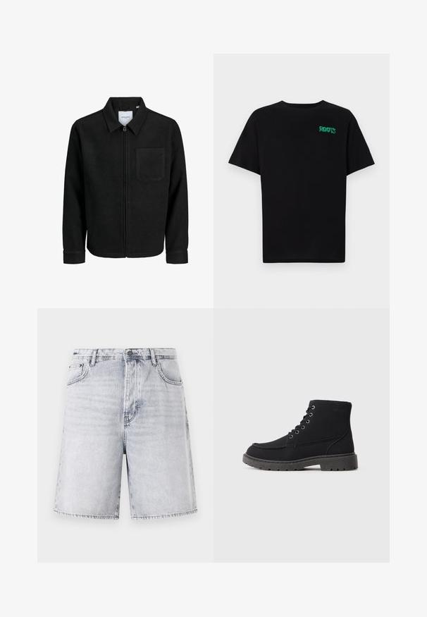 Jachetă neagră cu fermoar, cu guler și un singur buzunar pe piept, expusă pe fundal alb.; Tricou negru din bumbac, cu mâneci scurte. Prezintă un logo verde "ROOTS" pe față, guler rotund și o potrivire standard.; Șorturi din denim de culoare gri deschis, cu un finisaj ușor uzat. Au cinci buzunare, bucle pentru curea și un fermoar cu închidere prin buton.; Botine negre până la glezne, realizate dintr-un material texturat, cu talpă plată, vârf rotund și șase găuri pentru șireturi. Cusături întărite pe margine.