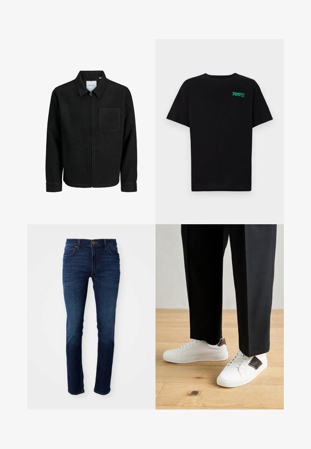 Čierna zipsová bunda s golierom a jednou náprsníkou, vystavená na bielom pozadí.; Čierne tričko s krátkymi rukávmi vyrobené z bavlny. Na prednej strane má zelené logo "ROOTS", okrúhly výstrih a štandardný strih.; Tmavomodré džínsy s klasickým strihom rovného nohavice, majúce zapínanie na gombík a päť vreciek. Materiál má hladkú textúru.; Biele tenisky s hladkým povrchom, s hnedými koženými akcentmi a čiernymi detailmi, spárované s čiernymi elegantnými nohavicami. Pozadím je drevená podlaha.
