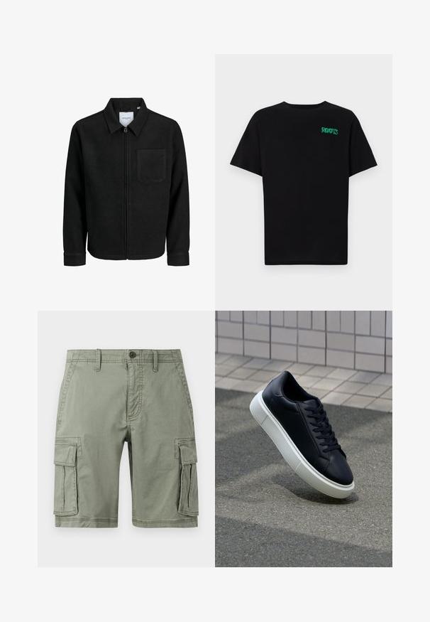 Musta vetoketjullinen takki, jossa on kaulus ja yksi rintatasku, esitelty valkoista taustaa vasten.; Mustat t-paidat, jotka on valmistettu puuvillasta ja joissa on lyhyet hihat. Edessä vihreä "ROOTS"-logo, pyöreä kaula-aukko ja normaali istuvuus.; Vihreät cargo-shortsit puuvillasekoitteesta, joissa on kaksi sivutaskua, nappisuljenta ja suora leikkaus.; Mustat nahkakengät, joissa on pyöristetty kärki ja valkoinen kumipohja. Varusteena litteät nauhat ja minimaalinen ommel ylhäällä. Teksturoitu pohja pitävyyden lisäämiseksi.