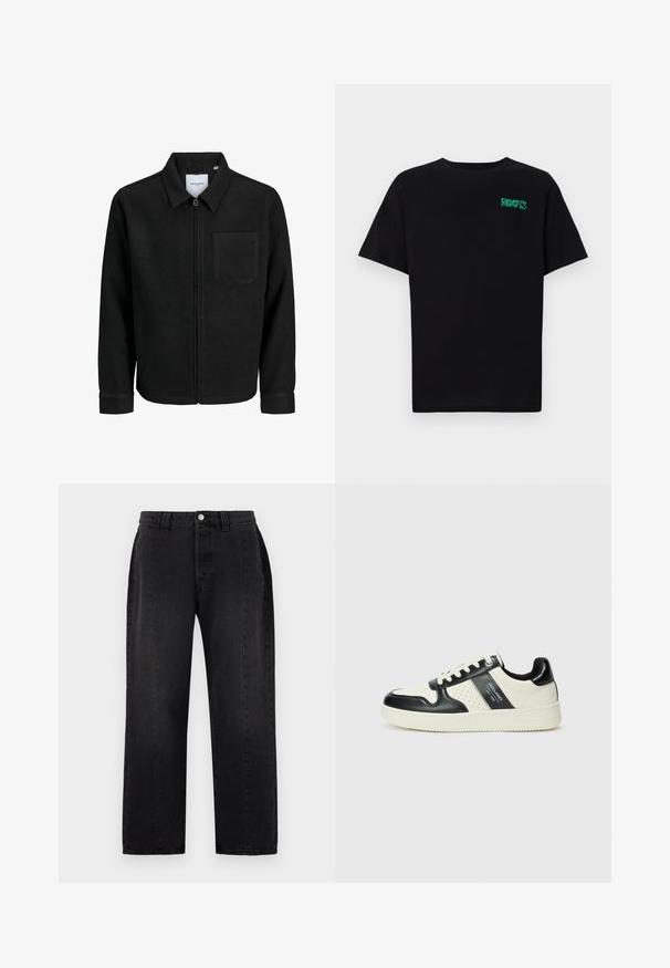 Veste zippée noire avec col et poche poitrine unique, présentée sur fond blanc.; T-shirt noir en coton à manches courtes. Présente un logo "ROOTS" vert sur le devant, un col rond et une coupe standard.; Jeans en denim noir avec une coupe droite. Équipés d'une fermeture à bouton, de passants de ceinture et de deux poches latérales. Texture lisse, sans motifs visibles.; Baskets en cuir avec un schéma de couleurs noir et crème, dotées d'accents perforés, d'un col rembourré et d'une semelle texturée.