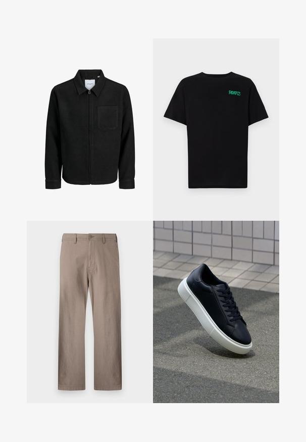 Črna jakna z zadrgo in ovratnikom ter enim žepom na prsih, prikazana na beli podlagi.; Črna majica iz bombaža z kratkimi rokavi. Na sprednji strani ima zeleno logotip "ROOTS", okroglo ovratnico in standardno prileganje.; Beige hlače ravnega kroja iz lahkotne tkanine z gumbom, ki vključujejo sprednje žepe in čiste šive.; Črne usnjene superge z zaobljenim prstom in belim gumijastim podplat. Imajo ravne vezalke in minimalno šivanje na zgornjem delu. Teksturirani podplat za oprijem.