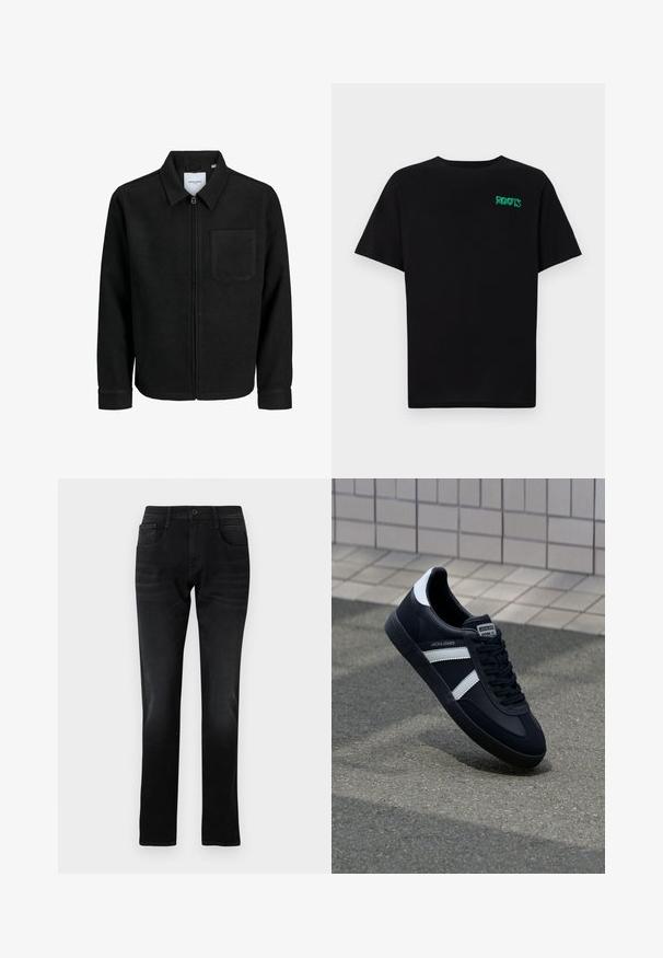 Jachetă neagră cu fermoar, cu guler și un singur buzunar pe piept, expusă pe fundal alb.; Tricou negru din bumbac, cu mâneci scurte. Prezintă un logo verde "ROOTS" pe față, guler rotund și o potrivire standard.; Jeans negre din denim cu croială dreaptă, buzunare frontale și închidere cu un singur buton. Prezintă decolorări subtile și detalii de cusătură.; Sneaker din piele neagră cu dungi albe, talpă din cauciuc texturat și șireturi. Prezintă un eticheta de marcă pe limbă.