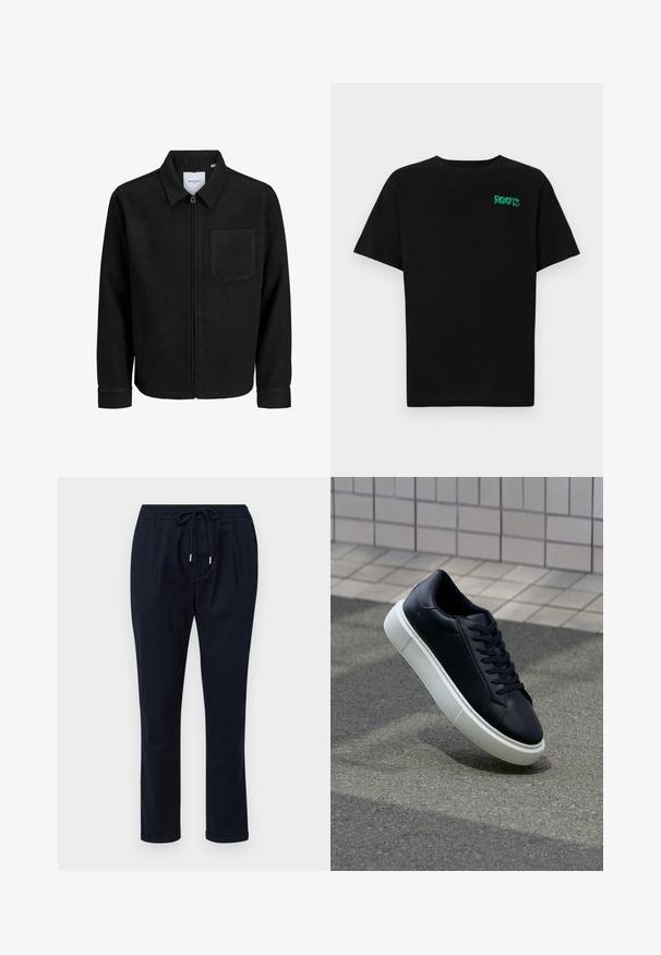 Črna jakna z zadrgo in ovratnikom ter enim žepom na prsih, prikazana na beli podlagi.; Črna majica iz bombaža z kratkimi rokavi. Na sprednji strani ima zeleno logotip "ROOTS", okroglo ovratnico in standardno prileganje.; Temno modri hlače iz lahkega materiala, z elastičnim pasom in zavezujočo vrvico, ravnimi nogami in zavitimi robovi.; Črne usnjene superge z zaobljenim prstom in belim gumijastim podplat. Imajo ravne vezalke in minimalno šivanje na zgornjem delu. Teksturirani podplat za oprijem.