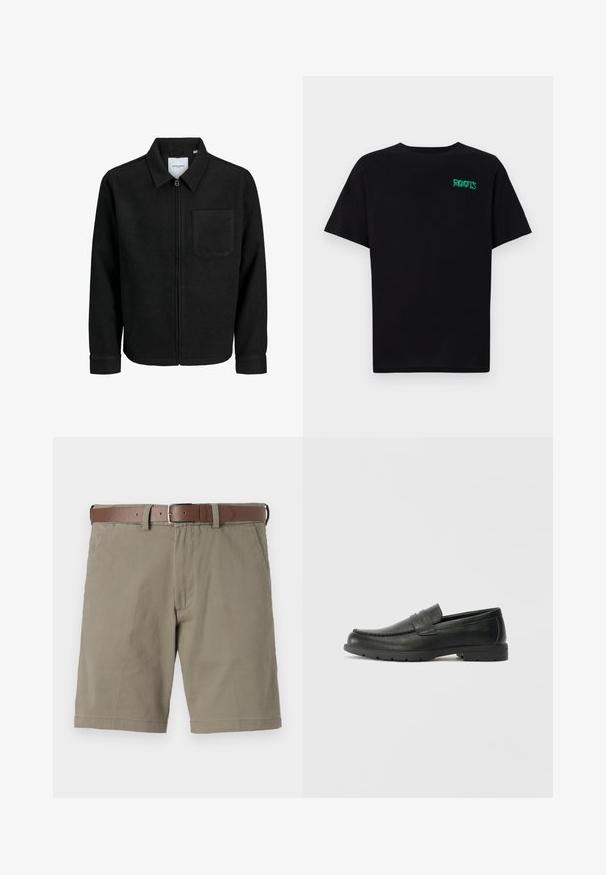 Juodas džemperis su užtrauktuku, apykakle ir vienu krūtiniu kišenėje, pristatytas baltame fone.; Juodas medvilninis marškinėliai trumpomis rankovėmis. Priekyje yra žalias „ROOTS“ logotipas, apvalus iškirpimas ir standartinė prigludimo forma.; Šviesiai rudos spalvos šortai su laisvu kirpimu, pagaminti iš medvilnės audinio. Yra rudas odinis diržas, priekinės kišenės ir švariai apdirbtas kraštas.; Juodai odiniai loaferiai su sklandžiu paviršiumi, mokasino stiliaus viršus, siuvinėjimu ir guminėmis padangomis. Klasikinis dizainas su žemu kulnu.