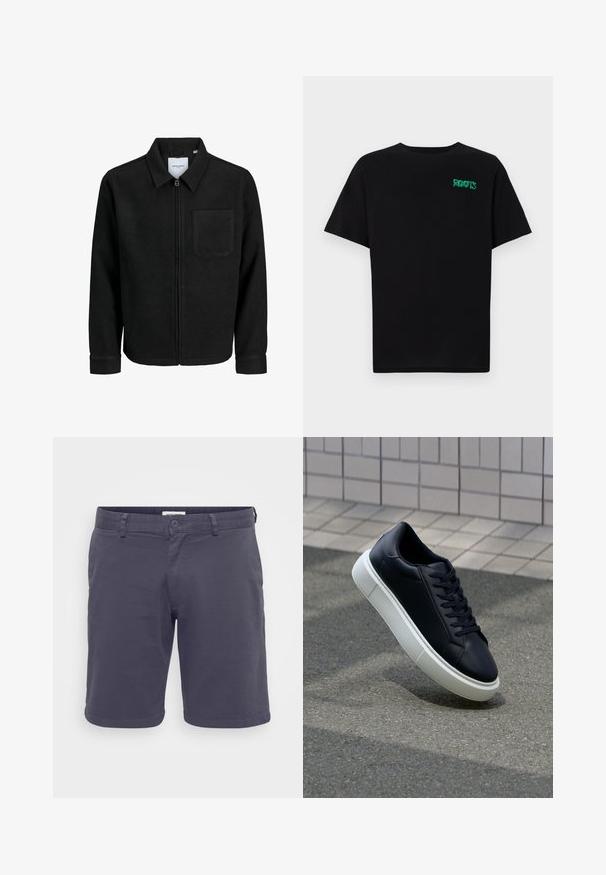 Jachetă neagră cu fermoar, cu guler și un singur buzunar pe piept, expusă pe fundal alb.; Tricou negru din bumbac, cu mâneci scurte. Prezintă un logo verde "ROOTS" pe față, guler rotund și o potrivire standard.; Shorts de culoare gri închis pentru bărbați, confecționați dintr-un material ușor, având închidere cu buton, curea de fixare și un design simplu, fără modele vizibile.; Tenis cu piele neagră, cu vârful rotund și talpă din cauciuc alb. Are șireturi plate și cusături minime pe suprafață. Tălpile texturate oferă aderență.