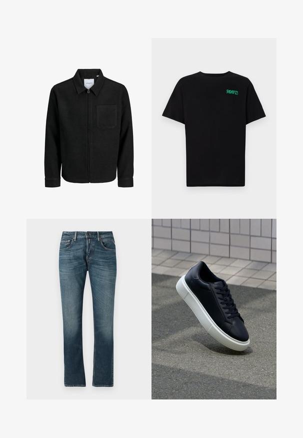 Fekete, zipzáros dzseki gallérral és egyetlen mellzsebbel, fehér háttéren.; Fekete, pamutból készült póló rövid ujjakkal. Elöl zöld "ROOTS" logóval, kerek nyakkivágással és normál szabással.; Kék farmernadrág egyenes fazonnal, kopott mosással, öt zsebes kialakítással és kontrasztos varrásokkal. Gombos és cipzáras záródás.; Fekete bőr sportcipő lekerekített orral és fehér gumitalppal. Lapos fűzőkkel és minimális varrásokkal rendelkezik a felsőrészén. Mintás talp a tapadásért.