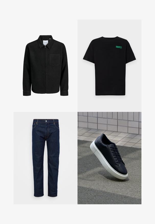 Črna jakna z zadrgo in ovratnikom ter enim žepom na prsih, prikazana na beli podlagi.; Črna majica iz bombaža z kratkimi rokavi. Na sprednji strani ima zeleno logotip "ROOTS", okroglo ovratnico in standardno prileganje.; Temno modri jeans z ravnimi hlačnicami, ki imajo oranžne šive in sprednje zapiranje na gumb. Klasična zasnova s 5 žepi.; Črne usnjene superge z zaobljenim prstom in belim gumijastim podplat. Imajo ravne vezalke in minimalno šivanje na zgornjem delu. Teksturirani podplat za oprijem.
