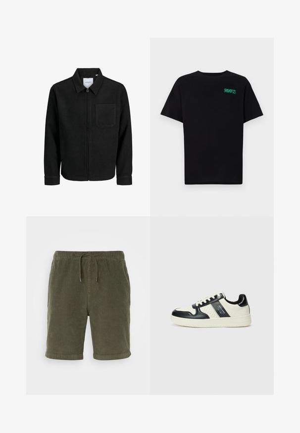 Črna jakna z zadrgo in ovratnikom ter enim žepom na prsih, prikazana na beli podlagi.; Črna majica iz bombaža z kratkimi rokavi. Na sprednji strani ima zeleno logotip "ROOTS", okroglo ovratnico in standardno prileganje.; Olivno-zeleni korduroy kratke hlače z elastičnim pasom, nastavljivo vrvico in zavihanimi robovi. Teksturovana tkanina z mehkimi zaključki.; Usnjeni športni čevlji z črno in krem barvno shemo, ki vključujejo perforirane dodatke, podložen ovratnik in strukturirano podplat.