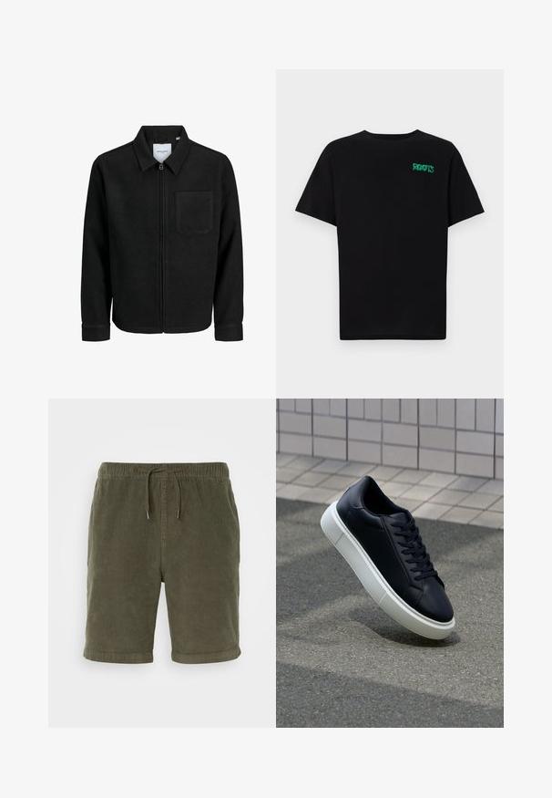 Črna jakna z zadrgo in ovratnikom ter enim žepom na prsih, prikazana na beli podlagi.; Črna majica iz bombaža z kratkimi rokavi. Na sprednji strani ima zeleno logotip "ROOTS", okroglo ovratnico in standardno prileganje.; Olivno-zeleni korduroy kratke hlače z elastičnim pasom, nastavljivo vrvico in zavihanimi robovi. Teksturovana tkanina z mehkimi zaključki.; Črne usnjene superge z zaobljenim prstom in belim gumijastim podplat. Imajo ravne vezalke in minimalno šivanje na zgornjem delu. Teksturirani podplat za oprijem.