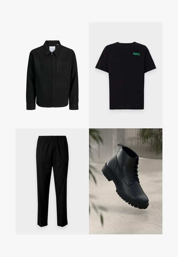 Fekete, zipzáros dzseki gallérral és egyetlen mellzsebbel, fehér háttéren.; Fekete, pamutból készült póló rövid ujjakkal. Elöl zöld "ROOTS" logóval, kerek nyakkivágással és normál szabással.; Fekete nadrág, rugalmas derékkal, egyenes szárú kialakítással. Az anyag sima, matt textúrával rendelkezik, nincsenek látható minták.; Fekete bőr bokacsizmák lekerekített orral, fűzős dizájnnal és strapabíró gumitalppal. Simább textúrájú, hátul húzófüllel ellátva.
