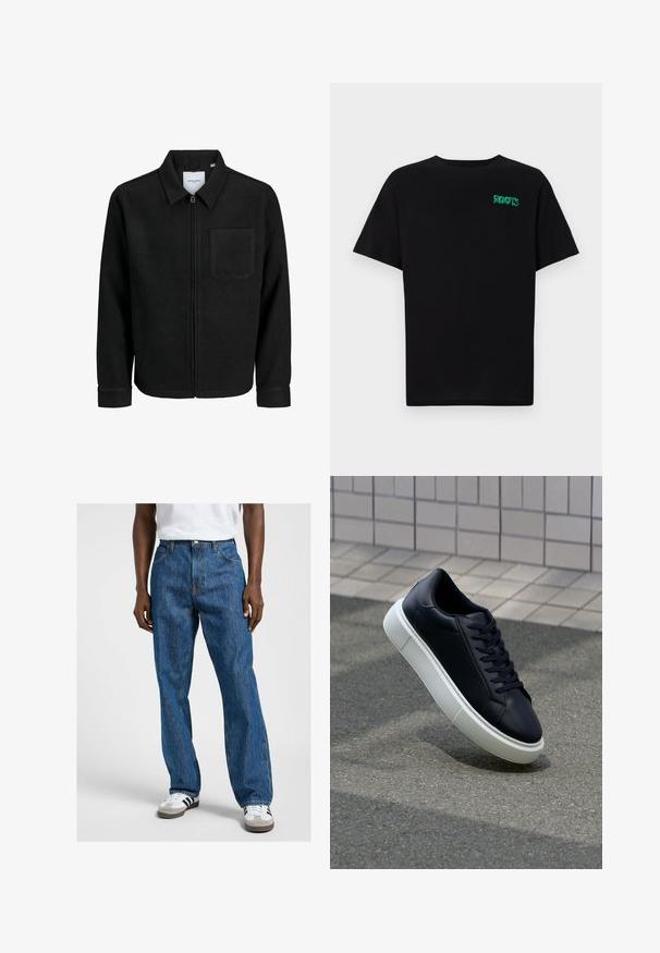 Giacca nera con zip, colletto e una tasca sul petto, mostrata su sfondo bianco.; T-shirt nera in cotone con maniche corte. Presenta un logo verde "ROOTS" sulla parte frontale, colletto rotondo e vestibilità standard.; Jeans in denim blu con design a gamba dritta, dotati di un classico layout a cinque tasche, cuciture gialle a contrasto e chiusura con bottone.; Sneaker in pelle nera con punta arrotondata e suola in gomma bianca. Presenta lacci piatti e cuciture minime sulla parte superiore. Suola testurizzata per una migliore aderenza.