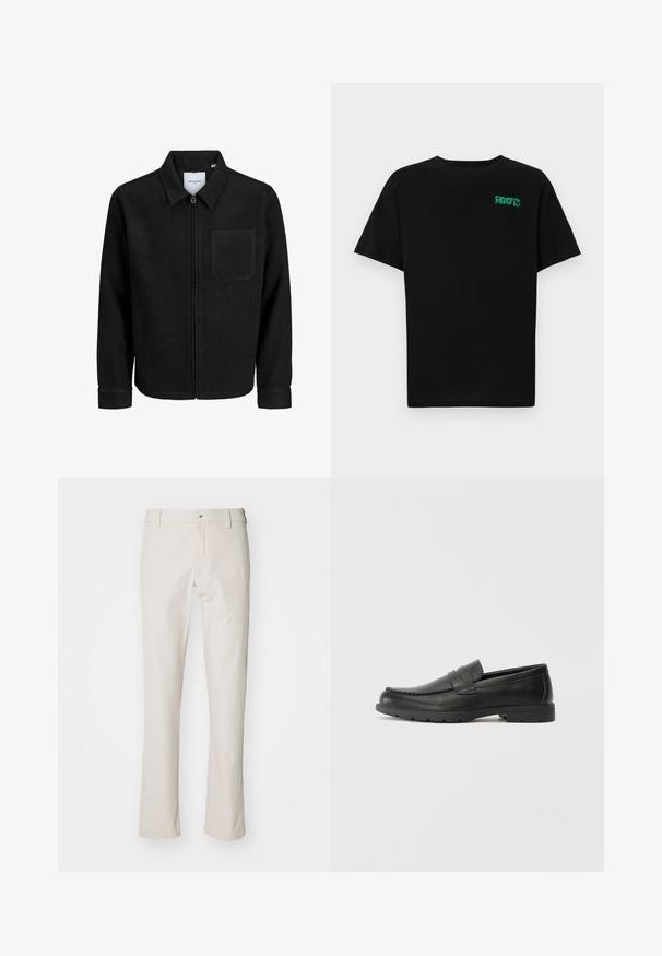 Fekete, zipzáros dzseki gallérral és egyetlen mellzsebbel, fehér háttéren.; Fekete, pamutból készült póló rövid ujjakkal. Elöl zöld "ROOTS" logóval, kerek nyakkivágással és normál szabással.; DOCKERS GO AIRWEAVE - Vászonnadrágok - sahara khaki; Fekete bőr mokaszinok sima felülettel, a mokaszin stílusú felsőrésszel, varrott részletezéssel és gumitalppal. Klasszikus dizájn alacsony sarokkal.