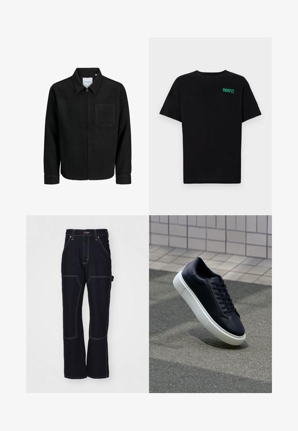 Giacca nera con zip, colletto e una tasca sul petto, mostrata su sfondo bianco.; T-shirt nera in cotone con maniche corte. Presenta un logo verde "ROOTS" sulla parte frontale, colletto rotondo e vestibilità standard.; Pantaloni in denim blu scuro con cuciture chiare, design a gamba ampia, tasche anteriori e una tasca utilitaria laterale. Vita regolabile con hardware in metallo.; Sneaker in pelle nera con punta arrotondata e suola in gomma bianca. Presenta lacci piatti e cuciture minime sulla parte superiore. Suola testurizzata per una migliore aderenza.