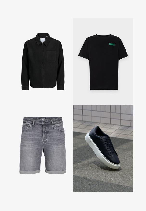 Melna jaka ar rāvējslēdzēju un apkakli, vienu krūšu kabatu, parādīta uz baltas fona.; Melna kokvilnas t-kreka ar īsām piedurknēm. Uz priekšu ir zaļa "ROOTS" logo, apaļa kakla izgriezums un standarta piegriezums.; Pelēka denima šorti ar nedaudz nolietotu izskatu, ar sarullētu apakšmalu, piecu kabatu dizainu un pogu aizdari. Zīmols: JACK & JONES.; Melnas ādas kedas ar noapaļotu pirkstu un baltu gumijas zoli. Iespējas - plakanas šņorītes un minimāla apdare augšdaļā. Struktūrēta zole, lai nodrošinātu saķeri.