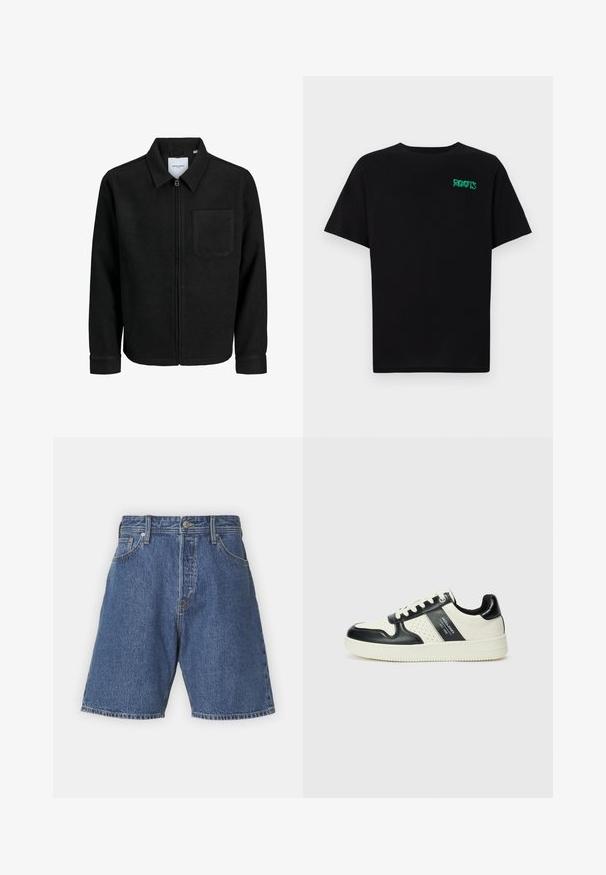 Giacca nera con zip, colletto e una tasca sul petto, mostrata su sfondo bianco.; T-shirt nera in cotone con maniche corte. Presenta un logo verde "ROOTS" sulla parte frontale, colletto rotondo e vestibilità standard.; Jack & Jones JJITONY JJORIGINAL - Shorts di jeans - blue denim; Sneakers in pelle con una combinazione di colori nero e crema, dotati di dettagli perforati, collare imbottito e suola testurizzata.