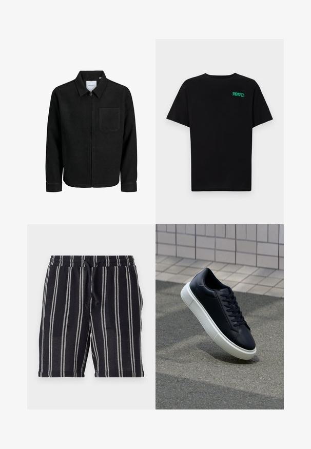 Veste zippée noire avec col et poche poitrine unique, présentée sur fond blanc.; T-shirt noir en coton à manches courtes. Présente un logo "ROOTS" vert sur le devant, un col rond et une coupe standard.; Shorts rayés noir et blanc avec une taille élastique, fermeture à cordon de serrage et un tissu texturé. Arrivent à mi-cuisse.; Baskets noires en cuir avec bout arrondi et semelle en caoutchouc blanc. Elles présentent des lacets plats et une couture minimale sur la tige. Semelle texturée pour une bonne adhérence.