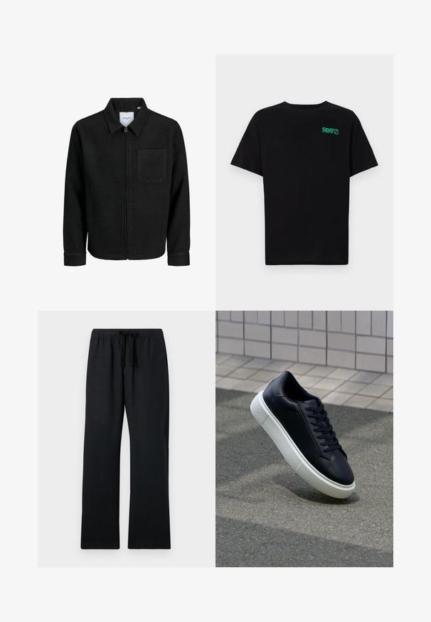 Black zip-up jacket with collar and single chest pocket, displayed on white background.; Black t-shirt made of cotton with short sleeves. Features a green "ROOTS" logo on the front, round neckline, and standard fit.; Black, loose-fitting pants with an elastic waistband and adjustable drawstring. Smooth fabric, straight leg design, and no patterns.; Black leather sneaker with rounded toe and white rubber sole. Features flat laces and minimal stitching on the upper. Textured sole for grip.