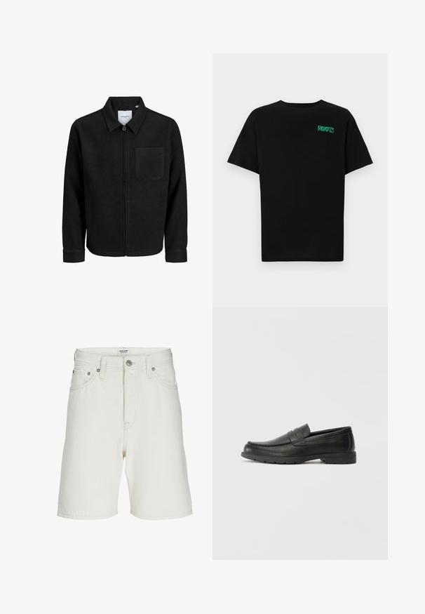 Melna jaka ar rāvējslēdzēju un apkakli, vienu krūšu kabatu, parādīta uz baltas fona.; Melna kokvilnas t-kreka ar īsām piedurknēm. Uz priekšu ir zaļa "ROOTS" logo, apaļa kakla izgriezums un standarta piegriezums.; Balti džinsi šorti ar taisnu piegriezumu, ar rāvējslēdzēju priekšā, piecām kabatām un metālu aizdari un akcentiem.; Melnas ādas loafers ar gludu apdari, mokasīnu stila augšdaļu, šūtu detalizāciju un gumijas zoli. Klasisks dizains ar zemu papēdi.