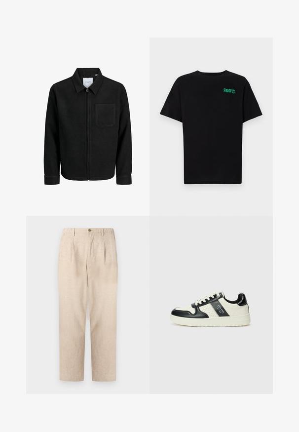 Melna jaka ar rāvējslēdzēju un apkakli, vienu krūšu kabatu, parādīta uz baltas fona.; Melna kokvilnas t-kreka ar īsām piedurknēm. Uz priekšu ir zaļa "ROOTS" logo, apaļa kakla izgriezums un standarta piegriezums.; Beige linu bikses ar kroku, elastīgu jostasvītru un vienu pogu aizdari. Taisnas kājas dizains ar faktūras apdari.; Ādas sporta apavi ar melnbaltu krāsu shēmu, ar perforētiem akcentiem, mīkstinātu apkakli un teksturētu zoli.