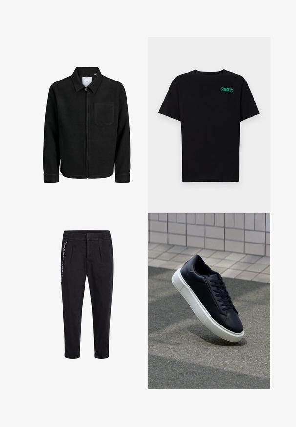 Sort lynlåsjakke med krave og en enkelt brystlomme, vist på hvid baggrund.; Sort t-shirt lavet af bomuld med korte ærmer. Har et grønt "ROOTS" logo på forsiden, rund halsudskæring og almindelig pasform.; Sorte bukser med elastisk talje, der har for plisser og en sølv kæde accent på venstre side. Stof af bomuldsblanding.; Sort lædersneaker med rund tå og hvid gummisål. Har flade snørebånd og minimal syning på overdelen. Tekstureret sål for bedre greb.