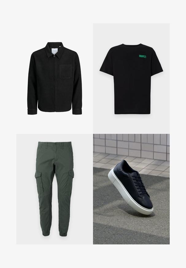 Giacca nera con zip, colletto e una tasca sul petto, mostrata su sfondo bianco.; T-shirt nera in cotone con maniche corte. Presenta un logo verde "ROOTS" sulla parte frontale, colletto rotondo e vestibilità standard.; Jack & Jones JPSTPAUL FLAKE - Pantaloni cargo - urban chic; Sneaker in pelle nera con punta arrotondata e suola in gomma bianca. Presenta lacci piatti e cuciture minime sulla parte superiore. Suola testurizzata per una migliore aderenza.