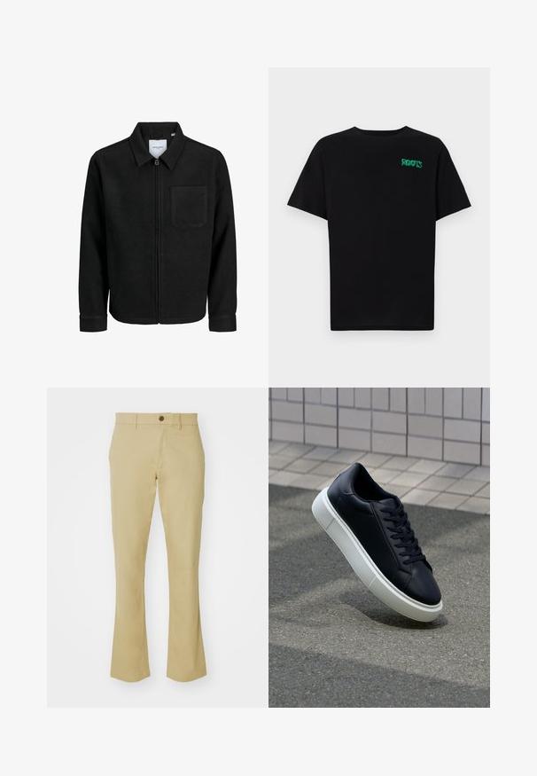 Mustaga lukuga jakker, millel on krae ja üks rinna-tasku, esitatud valgel taustal.; Must t-särk, mis on valmistatud puuvillast, lühikeste varrukatega. Esipaneelil on roheline "ROOTS" logo, ümmargune kaelus ja tavapärane lõige.; Beezid flared püksid, valmistatud puuvilla ja sünteetilise kiudude segust, millel on sile tekstuur. Pükstel on eest nööp vööl ja taskud.; Mustast nahast tennisetoss, millel on ümar nina ja valge kummist tall. Omab siredaid paelu ja minimaalset õmblemist ülemises osas. Tekstuuriga tald, mis tagab haakuvuse.