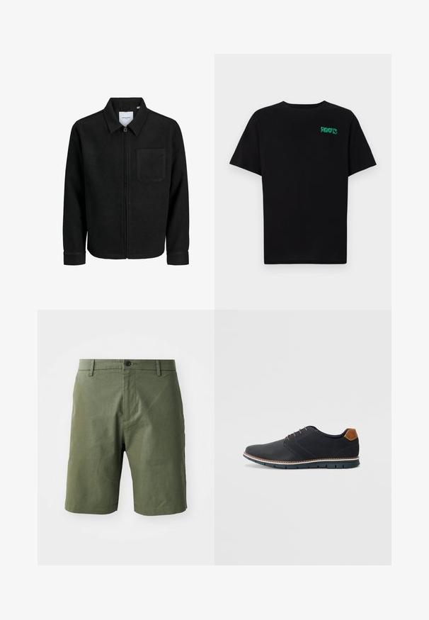 Czarna kurtka z zamkiem na całej długości, z kołnierzem i jedną kieszenią na piersi, umieszczona na białym tle.; Czarna koszulka z bawełny z krótkim rękawem. Posiada zielone logo "ROOTS" z przodu, okrągły dekolt i standardowy krój.; Oliwkowe szorty wykonane z lekkiego materiału, z płaskim przodem, szlufkami na pasek oraz pojedynczym zapięciem na guzik w talii.; Czarne syntetyczne buty z fakturowaną cholewką, gładkimi akcentami, brązowym obcasem i kontrastującą podeszwą. Charakteryzują się minimalnym sznurowaniem i detalami w szwach.