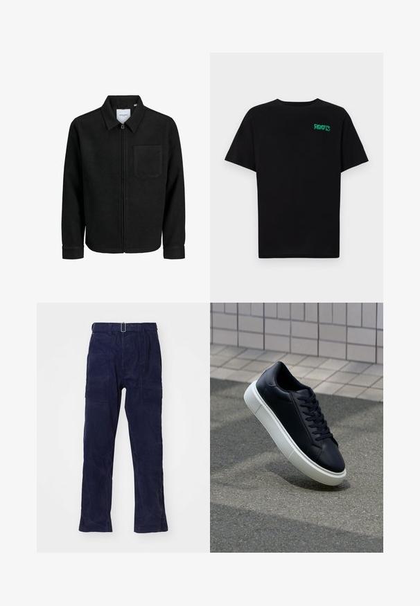 Crna jakna na zip s ovratnikom i jednim džepom na prsima, prikazana na bijeloj pozadini.; Crna majica kratkih rukava od pamuka. Na prednjem dijelu se nalazi zeleni "ROOTS" logo, okrugli izrez i standardni kroj.; Tamnoplave široke radne hlače izrađene od izdržljive tkanine, s visokim strukom, petljama za remen i velikim bočnim džepovima. Teksturedna površina.; Crne kožne tenisice s zaobljenim vrhom i bijelim gumiranim potplatom. Imaju ravne vezice i minimalno šivanje na gornjem dijelu. Teksturirani potplat za bolje prianjanje.