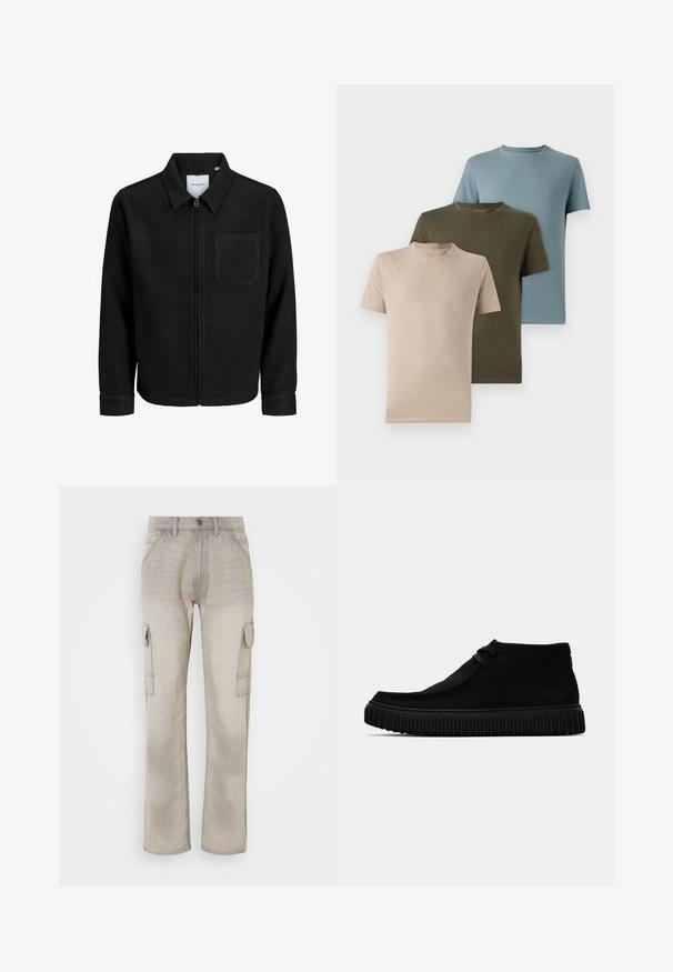 Sort lynlåsjakke med krave og en enkelt brystlomme, vist på hvid baggrund.; Tre kortærmede t-shirts i beige, olivengrøn og lyseblå, lavet af blødt stof med rund hals og et enkelt design.; Beige cargo bukser lavet af denim, med to sidelommer, et lige ben-design og synlige sømme. Tekstureret overflade med et falmet udseende.; Sorte ankelstøvler lavet af blødt materiale, med rund tå, minimal snøring og en tekstureret gummisål med lodrette riller.