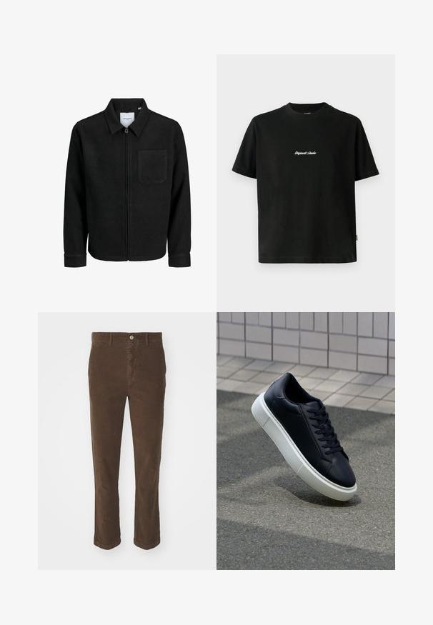 Črna jakna z zadrgo in ovratnikom ter enim žepom na prsih, prikazana na beli podlagi.; Črna bombažna majica s kratkimi rokavi, ki ima belo vezeno besedilo "Original Studio" na prsih in okrogel izrez.; Rjave kordurojske hlače s ravnim krojem, ki vključujejo sprednje gumbne zapore, dva sprednja žepa in mehak teksturiran material.; Črne usnjene superge z zaobljenim prstom in belim gumijastim podplat. Imajo ravne vezalke in minimalno šivanje na zgornjem delu. Teksturirani podplat za oprijem.