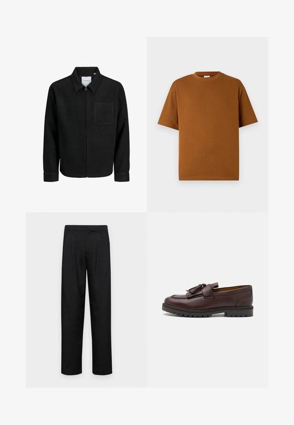 Musta vetoketjullinen takki, jossa on kaulus ja yksi rintatasku, esitelty valkoista taustaa vasten.; Ruskea lyhythihainen t-paita, joka on valmistettu pehmeästä kankaasta. Siinä on pyöreä kaula-aukko ja rento fit, sekä suora helma. Ei näkyviä kuvioita tai yksityiskohtia.; Mustat housut, jotka on valmistettu sileästä kankaasta, suoran lahkeen muotoilulla, kahdella etupleekillä ja tavanomaisella vyötäröllä, jossa on vyölenkit.; Zign Puvunkengät - brown