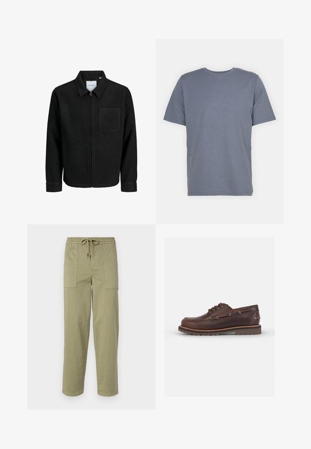 Musta vetoketjullinen takki, jossa on kaulus ja yksi rintatasku, esitelty valkoista taustaa vasten.; Harmaa lyhythihainen T-paita, jossa on pyöreä kaula-aukko, valmistettu pehmeästä puuvillasekoitekankaasta. Yksinkertainen muotoilu, ilman kuvioita tai yksityiskohtia.; Vaaleanoliivinvihreät housut, jotka on valmistettu puuvillasekoitteesta. Housuissa on joustava vyötärö, joka sisältää nyörin, sekä kaksi suurta sivutaskua.; Ruskea nahkainen veneakenus, jossa on pyöreä kärki, kuusi reikää nauhoille, kontrastoivaa ommelta ja teksturoitu kumipohja.