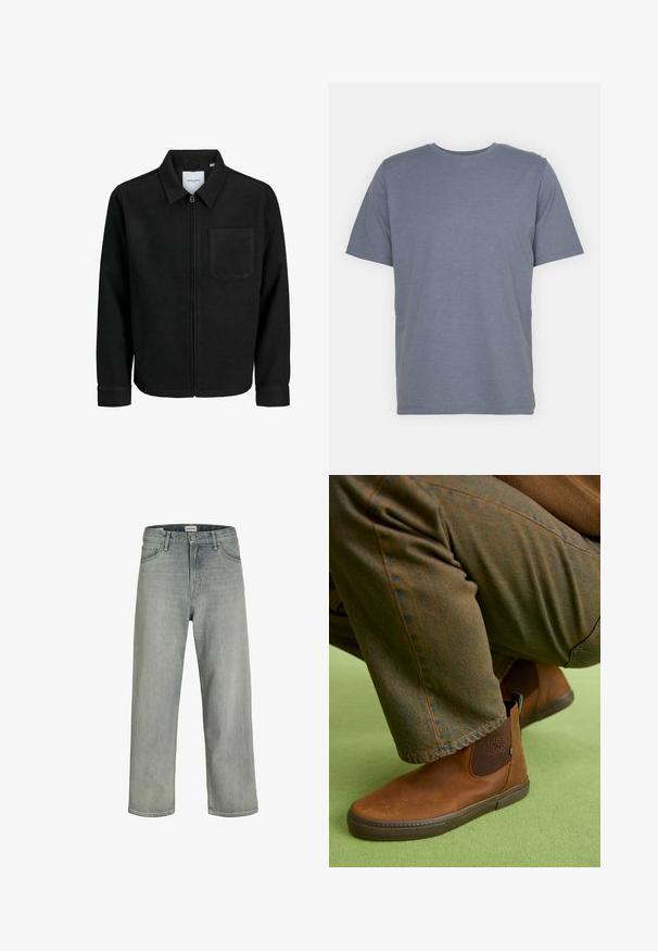 Juodas džemperis su užtrauktuku, apykakle ir vienu krūtiniu kišenėje, pristatytas baltame fone.; Pilkas trumpas rankovėmis marškinėliai su apvaliu kaklu, pagaminti iš švelnaus medvilnės mišinio. Paprastas dizainas, be raštų ar akcentų.; Šviesiai pilkos, laisvai krentančios džinsinės kelnės. Turi klasikinį penkių kišenių dizainą, diržo kilpas ir tiesius kojų siluetus.; Rudos odiniai auliniai batai su lygiu paviršiumi, elastinėmis šoninėmis panelėmis ir guminiais padais, derinami su tamsiai žaliais tekstūruotais kelnėmis.