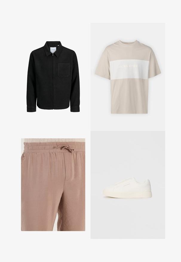 Crna jakna na zip s ovratnikom i jednim džepom na prsima, prikazana na bijeloj pozadini.; Bež pamučna majica s bijelim horizontalnim panelom na kojem je u reljefnom tisku tekst "JACK & JONES ESSENTIALS WORLDWIDE". Kratki rukavi.; Svijetlosmeđi trenirke izrađene od mekog materijala, s elastičnom strukom i vezicom te bočnim džepovima.; Bijele slip-on tenisice s teksturiranom površinom, debelim đonom i minimalističkim dizajnom. Sadrže logo branda sa strane.