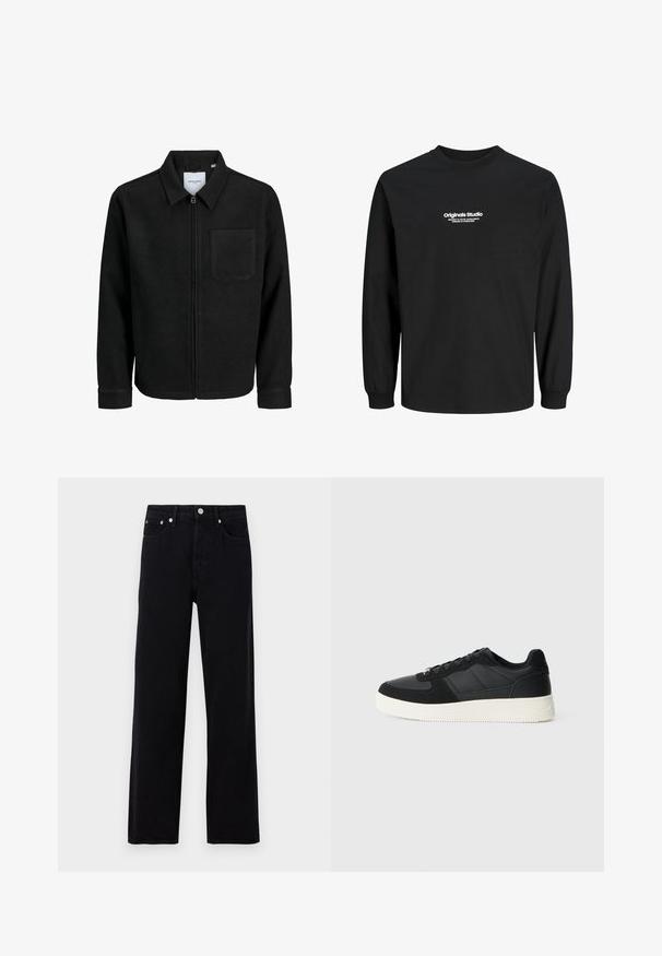 Mustaga lukuga jakker, millel on krae ja üks rinna-tasku, esitatud valgel taustal.; Mustast pikast varrukast T-särgil, mis on valmistatud puuvillast. Omab ümarat kaela ja valget trükitud teksti. Lõdva istuvusega ja ribadega mansetid.; Only & Sons ONSFADE LOOSE BOX - Loose fit teksad - washed black; Mustmustel musta madal sneaker tekstuuriga nahast ja sametist paneelidega, valge kummitald ja mustad suledega, lihtsal heledal taustal.