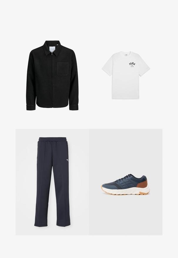 Zwarte zip-up jas met kraag en enkele borstzak, weergegeven op een witte achtergrond.; Witte katoenen t-shirt met korte mouwen en een ronde halslijn, voorzien van een zwart bedrukt logo op de borst. Eenvoudig, klassiek ontwerp.; Marineblauwe sportbroek gemaakt van zachte stof, met een drawstring tailleband, zijzakken met rits en een subtiele witte logo op het linkerbeen.; Marineblauwe sportschoenen met een bruine hakaccent, textuur mesh bovenwerk, gevoerde kraag en een witte rubberen zool met een gemusterde profiel.