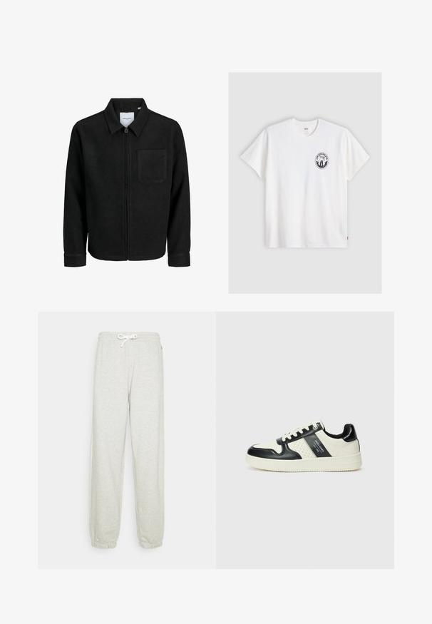 Juodas džemperis su užtrauktuku, apykakle ir vienu krūtiniu kišenėje, pristatytas baltame fone.; Balta medvilnė marškinėliai trumpomis rankovėmis, apvaliu kaklu ir juodu apvaliu logotipu kairėje krūtinės pusėje, su stilizuotu dizainu.; Šviesiai pilki sportiniai kelnės su raišteliu juosmens srityje, elastingomis rankovėmis ir minkšta tekstūra. Nėra matomų raštų ar papildomų detalių.; Odiniai sportbačiai juodos ir kreminės spalvų schemoje, su perforuotais akcentais, paminkštinta apykakle ir tekstūruotu padu.