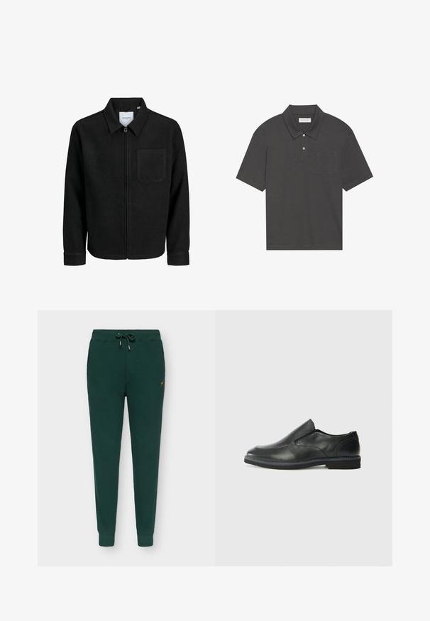 Czarna kurtka z zamkiem na całej długości, z kołnierzem i jedną kieszenią na piersi, umieszczona na białym tle.; Ciemnoszara koszulka polo z tradycyjnym kołnierzykiem, zapięciem na trzy guziki, krótkimi rękawami i kieszonką na lewej piersi. Gładka faktura materiału.; Zielone bawełniane dresy, dopasowany krój, elastyczny pas ze sznurkiem, ściągacze na końcach nogawek, subtelny złoty detal logo po boku.; Czarne skórzane buty wsuwane z gładką cholewką, przeszyciami, okrągłym noskiem i niskim gumowym obcasem. Podeszwa ma minimalny bieżnik.