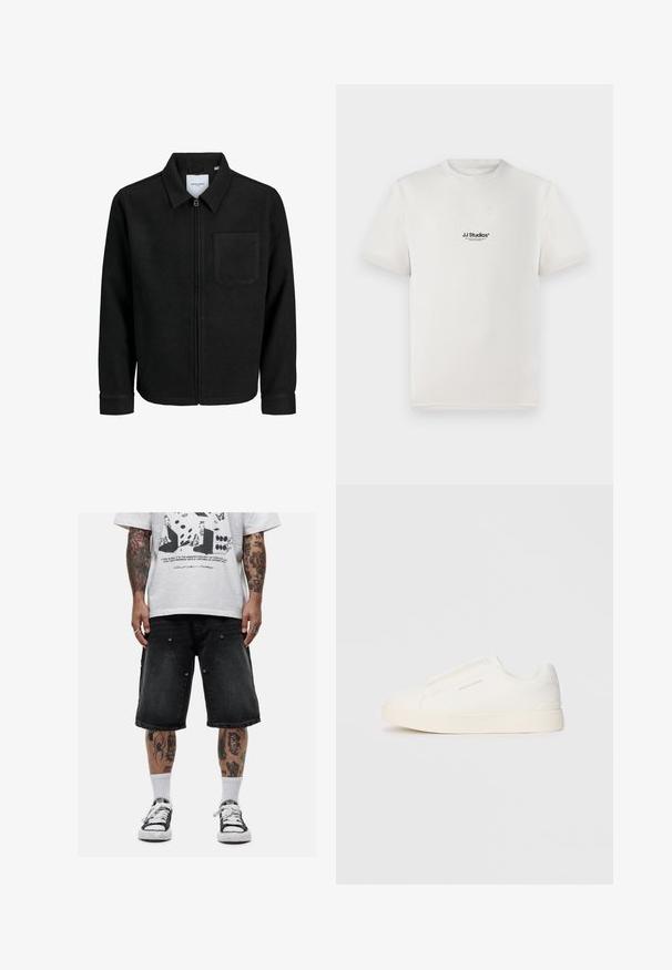 Czarna kurtka z zamkiem na całej długości, z kołnierzem i jedną kieszenią na piersi, umieszczona na białym tle.; Biała bawełniana koszulka z krótkimi rękawami, z czarnym logo "JJ Studios" na klatce piersiowej. Okrągły dekolt i standardowy krój.; Good For Nothing - Szorty jeansowe; Białe sneakersy wsuwane z teksturowanej powierzchni, grubą podeszwą i minimalistycznym designem. Zawierają logo marki z boku.