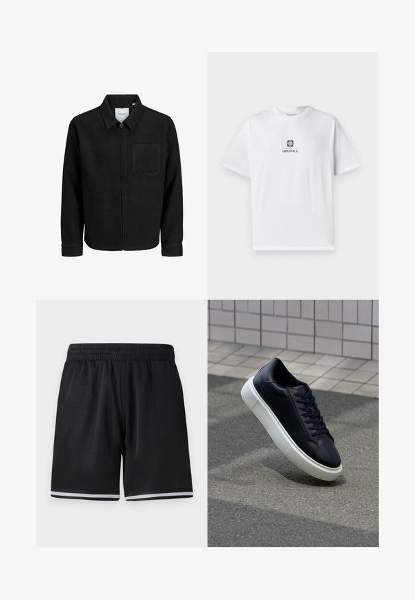 Černá zipová bunda s límečkem a jednou kapsou na hrudi, vystavená na bílém pozadí.; Bílý bavlněný tričko s krátkým rukávem, s centrálním grafickým motivem lva a slovem "ORIGINALS" v černé barvě, kulatý výstřih, volný střih.; Černé sportovní šortky z jemné síťoviny s elastickým pasem, zdobené bílými pruhy podél lemu pro zvýšení detailu. Lehký a prodyšný materiál.; Černé kožené tenisky s kulatou špičkou a bílou gumovou podrážkou. mají ploché tkaničky a minimální šití na svršku. Texturovaná podrážka pro lepší přilnavost.