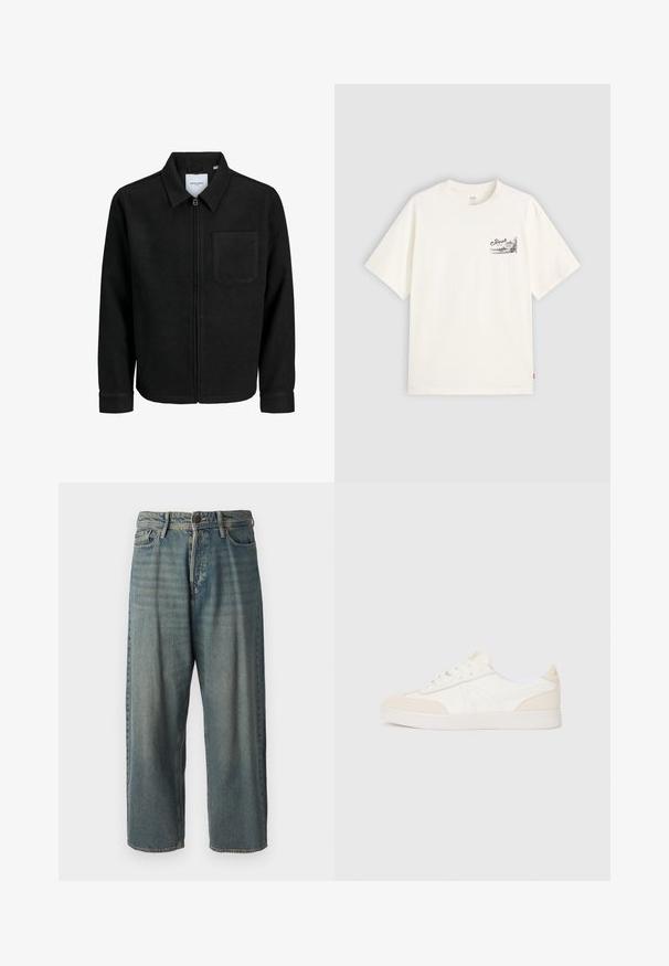 Mustaga lukuga jakker, millel on krae ja üks rinna-tasku, esitatud valgel taustal.; Valge lühikeste varrukatega T-särk, mis on valmistatud puuvillast, ja mille vasakus rinnapiirkonnas on must graafiline disain sõnapaariga "Fresh."; Heledad sinine denim-stiilis teksad, volüümse lõike, keskmise kõrgusega talje ja sirgete säärega. Omab viit taskut, vöökumme ja nööpide sulgemist.; Valged tenniset jalatsid beežide sametdetailidega, tekstuuriga pealmine osa, ümmargune varvas, lame tald ja silmapaistvad paelad. Minimaalne disain koos logo detailiga.