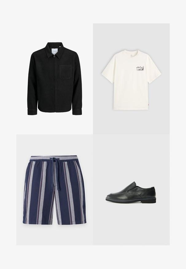 Veste zippée noire avec col et poche poitrine unique, présentée sur fond blanc.; T-shirt blanc à manches courtes en coton, présentant un design graphique noir sur la zone gauche de la poitrine avec le mot "Fresh".; Shorts de bain bleu marine avec un motif à rayures verticales en blanc et rouge, taille élastique et cordon de serrage, fabriqués en tissu léger.; Chaussure slip-on en cuir noir avec une tige lisse, des accents cousus, un bout arrondi et un petit talon en caoutchouc. La semelle présente un profil de traction minimal.