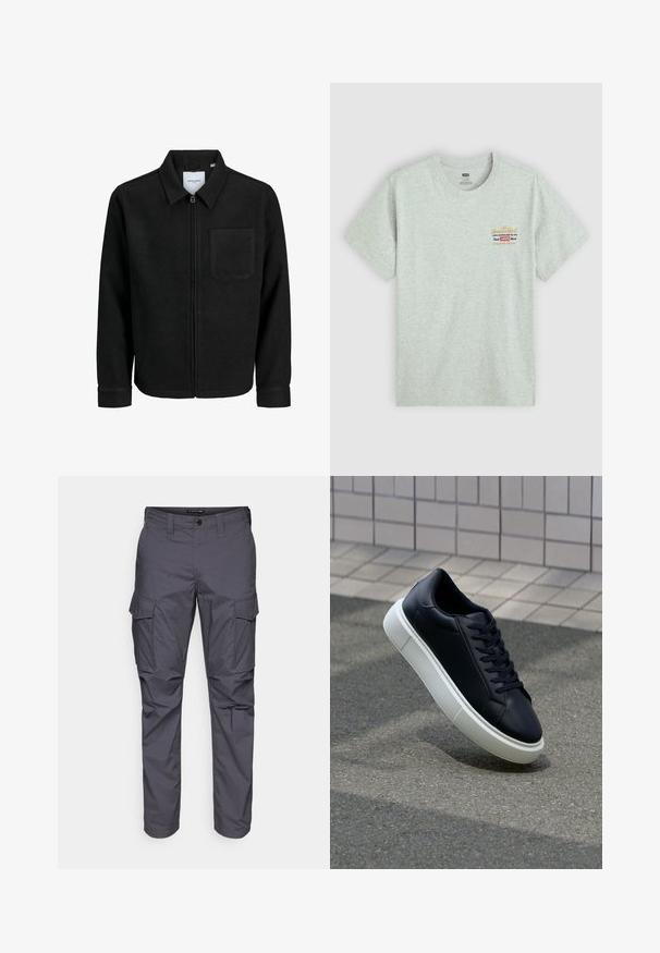 Čierna zipsová bunda s golierom a jednou náprsníkou, vystavená na bielom pozadí.; Sivá bavlnená tričko s krátkymi rukávmi a okrúhlym výstrihom, s farebnou potlačou loga značky na ľavej hornej strane. Hladká textura.; Sivé cargo nohavice s rovnými nohavicami, vyrobené z ľahkej tkaniny, s bočnými vreckami a s gombíkovým zapínaním v páse.; Čierne kožené tenisky s okrúhlou špičkou a bielou gumovou podrážkou. Majú ploché šnúrky a minimálne šitie na vrchu. Textúrovaná podrážka pre lepšiu priľnavosť.