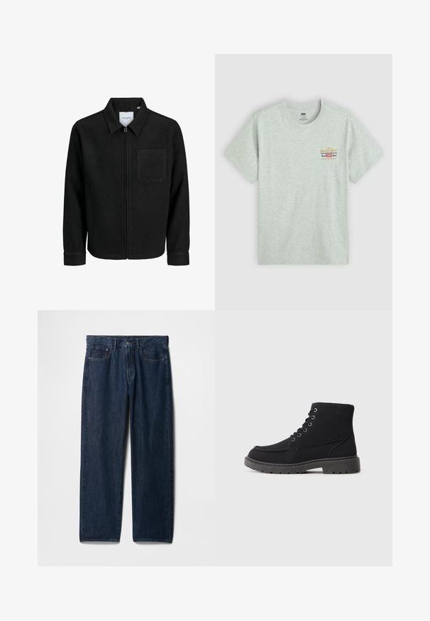 Giacca nera con zip, colletto e una tasca sul petto, mostrata su sfondo bianco.; T-shirt di cotone grigio con maniche corte, colonna rotonda, caratterizzato da una stampa del logo del marchio multicolore sul lato superiore sinistro. Texture liscia.; Jeans in denim blu scuro con taglio a gamba dritta, cinque tasche, chiusura con bottone superiore e cuciture visibili lungo le cuciture.; Stivaletti neri realizzati in materiale texturizzato con suola piatta, punta rotonda e allacciatura con sei occhielli. Cuciture rinforzate lungo il bordo.