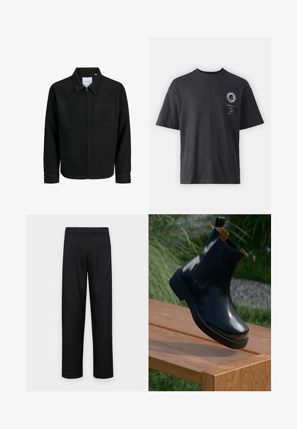 Veste zippée noire avec col et poche poitrine unique, présentée sur fond blanc.; T-shirt noir en coton avec des manches courtes, col rond et graphiques sur le devant d'un soleil et d'une lune, accompagné du texte "Le Soleil et La Lune."; Pantalons noirs en tissu lisse, avec une coupe droite, deux plis avant et une taille standard avec passants de ceinture.; Bottines Chelsea en cuir noir avec finition lisse, panneaux latéraux élastiques, bout arrondi et semelle en caoutchouc épaisse, positionnées au-dessus d'une surface en bois.