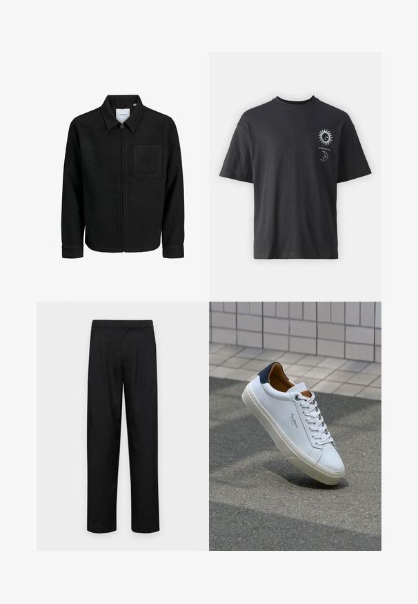 Jachetă neagră cu fermoar, cu guler și un singur buzunar pe piept, expusă pe fundal alb.; Tricou din bumbac negru, cu mâneci scurte, guler rotund și grafica frontală a unui soare și a unei luni, însoțită de textul "Le Soleil et La Lune."; Pantaloni negri dintr-un material neted, cu un design drept, două pliuri frontale și un tiv standard cu bucle pentru curea.; Adidași din piele albă cu călcâi bleumarin, vârf rotund și accente contrastante de culoare maro. Dispun de șireturi plate și talpă din cauciuc texturat.